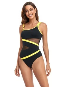One-Piece Mesh Splicing Swimwear With Piping Edge - Black - View 2