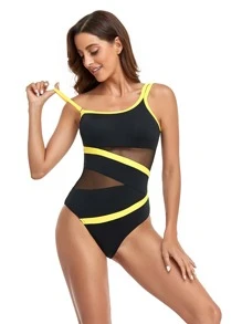 One-Piece Mesh Splicing Swimwear With Piping Edge - Black - View 1
