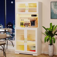 Vlsrka 67" LED Storage Cabinet With Charging Station, Sockets & USB Ports, Kitchen Pantry Cabinet, Hutch Cabinet For Dinning Room, Buffet Sideboard, Microwave Cabinet With Top & Bottom Doors