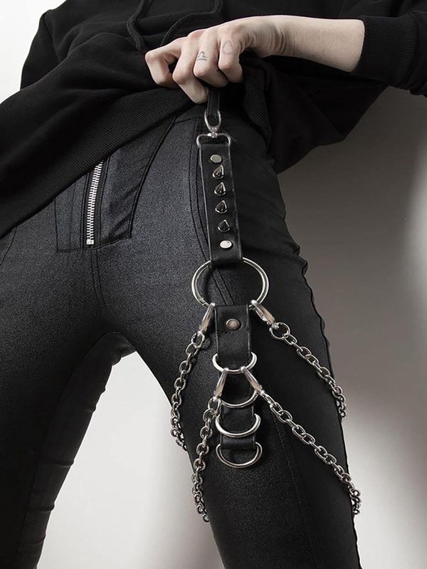 1pc Fashionable Unisex Black Pu Leather & Silver Chain Waist Belt