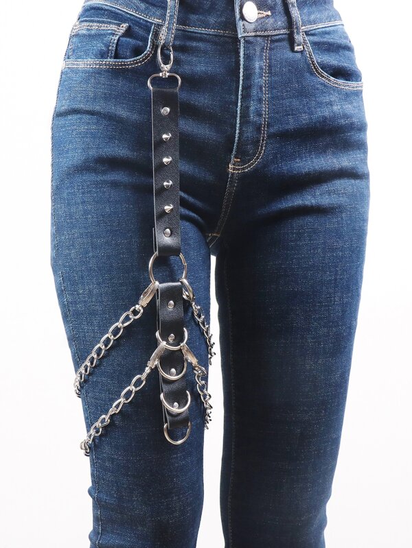 1pc Fashionable Unisex Black Pu Leather & Silver Chain Waist Belt Accessory & Leg Chain