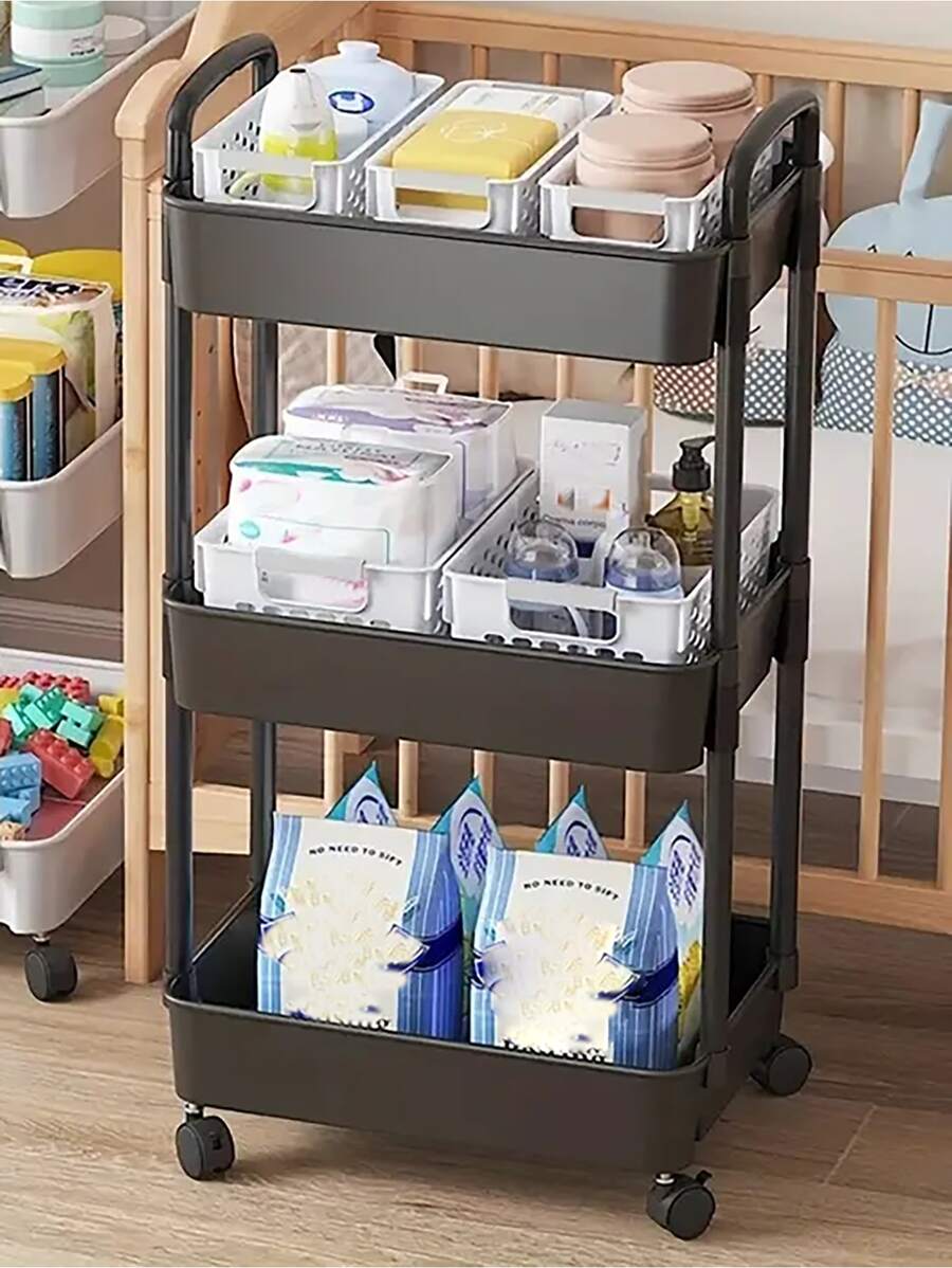 1pc Small Cart Storage Rack, Multilayer Kitchen/bedroom/bathroom Storage Organizer For Baby Food And Snacks, With Moving Wheels - Black - View 1