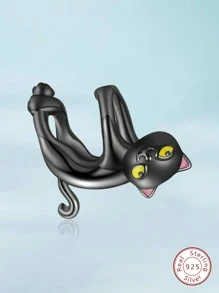 1入組魅力四射真實925純銀可愛寵物黑色貓吊墜釘珠適合女士適合手鍊手鐲DIY珠寶製作週年禮物精細女士們珠寶和手錶 - 黑色 - 查看 2