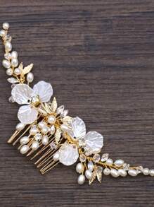 1件装女士婚礼发梳，饰有仿珍珠和水晶，手工制作，新娘头饰，优雅皇冠发梳，侧梳，学生用品，珍珠发饰，伴娘礼物 - 金色 - 查看 2