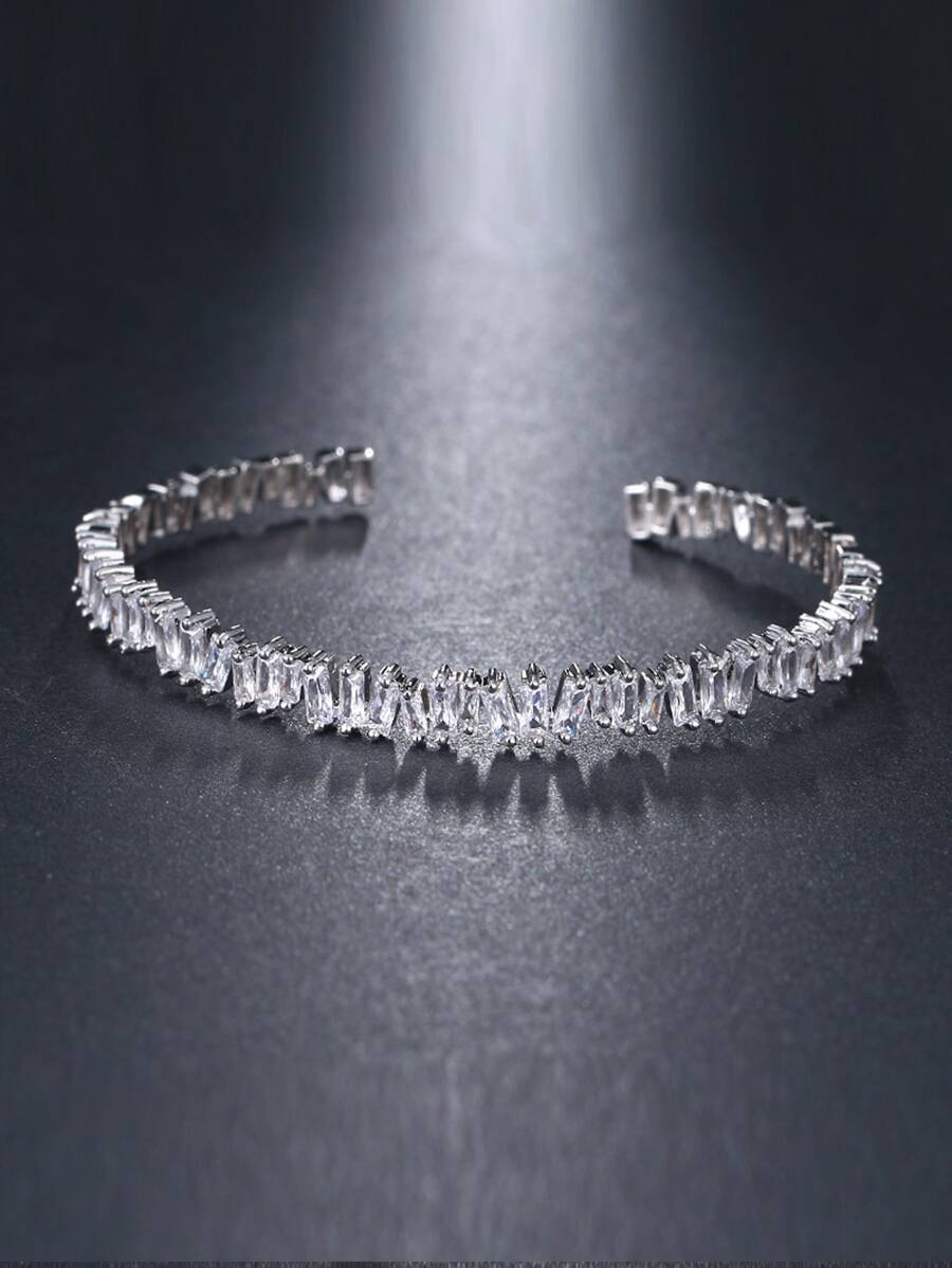 1 件新娘可调节不对称阶梯式切割方晶锆石经典流行手链和手镯优雅皇家头饰 - 銀色 - 查看 1