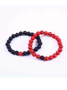 1 đôi Đơn giản Tròn Đá cườm Vòng tay Thích hợp Đối với Vợ chồng Mặc hàng ngày - Đỏ - Xem 3