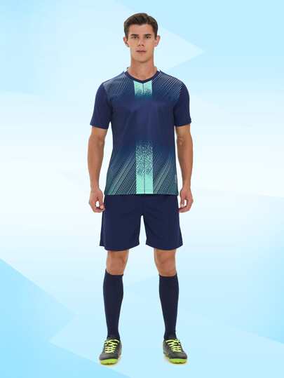 Adult Men's Soccer Jersey Set, V-Neck, Colorblocked Fabric, Slightly Elastic And Breathable, Suitable For Outdoor Sports