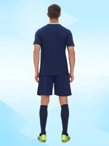 Dorosły Męski Piłka nożna Koszulka Komplety Biżuterii , Dekolt w kształcie litery V , Zablokowany kolor Tkanina , lekko Elastyczny I Oddychająca , Odpowiedni Dla Na wolnym powietrzu Sport - Granatowy - Zobacz 3