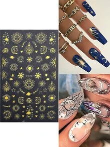 2入組熱壓印太陽月亮星星指甲貼紙,金眼行星十字星圖案3d設計,自粘式指甲貼紙美甲用品,適用於女性自行裝飾美甲 - 金色 - 查看 2