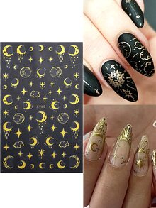 2 piezas dorado sol luna con estrella Pegatinas de uñas , nube luna tótem diseño adhesivo 3d con estrella Calcomanías - Dorado - Ver 3