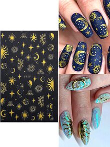 2 piezas dorado sol luna con estrella Pegatinas de uñas , nube luna tótem diseño adhesivo 3d con estrella Calcomanías - Dorado - Ver 2