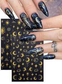 2 piezas dorado sol luna con estrella Pegatinas de uñas , nube luna tótem diseño adhesivo 3d con estrella Calcomanías - Dorado - Ver 1