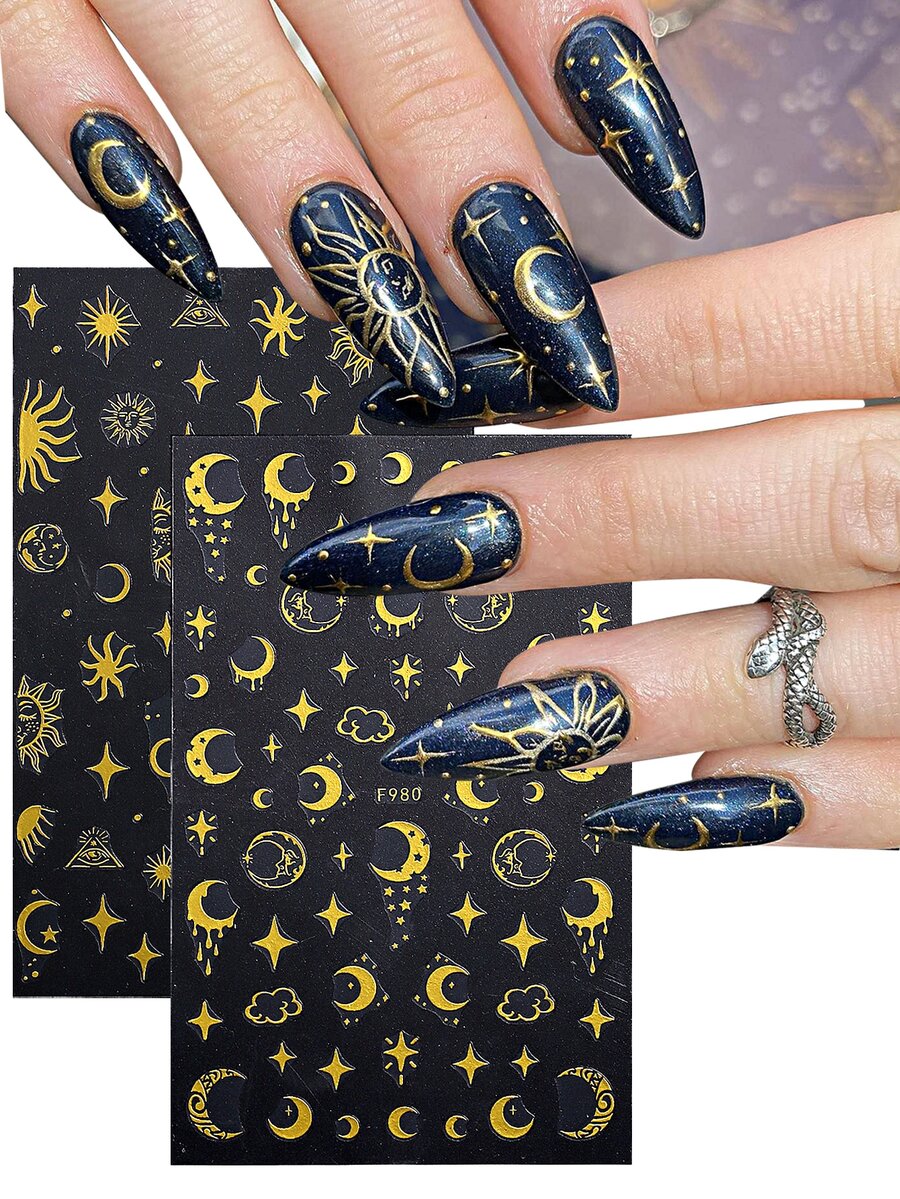 2 piezas dorado sol luna con estrella Pegatinas de uñas , nube luna tótem diseño adhesivo 3d con estrella Calcomanías - Dorado - Ver 1