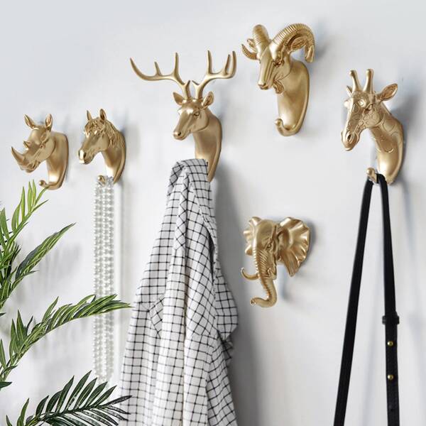 1 pieza Gancho de pared adhesivo con forma de animal en tono dorado, vívido sin hacer agujeros, sin perforar