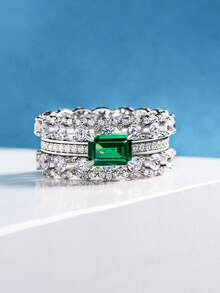 1 Miếng 1CT Hai lớp Giường đôi Zirconia Bạc nguyên chất Nhẫn Với Sang trọng Châu Âu và Châu Mỹ Thiết kế - Bạc - Xem 2