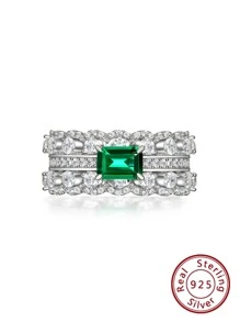 1 Miếng 1CT Hai lớp Giường đôi Zirconia Bạc nguyên chất Nhẫn Với Sang trọng Châu Âu và Châu Mỹ Thiết kế - Bạc - Xem 1