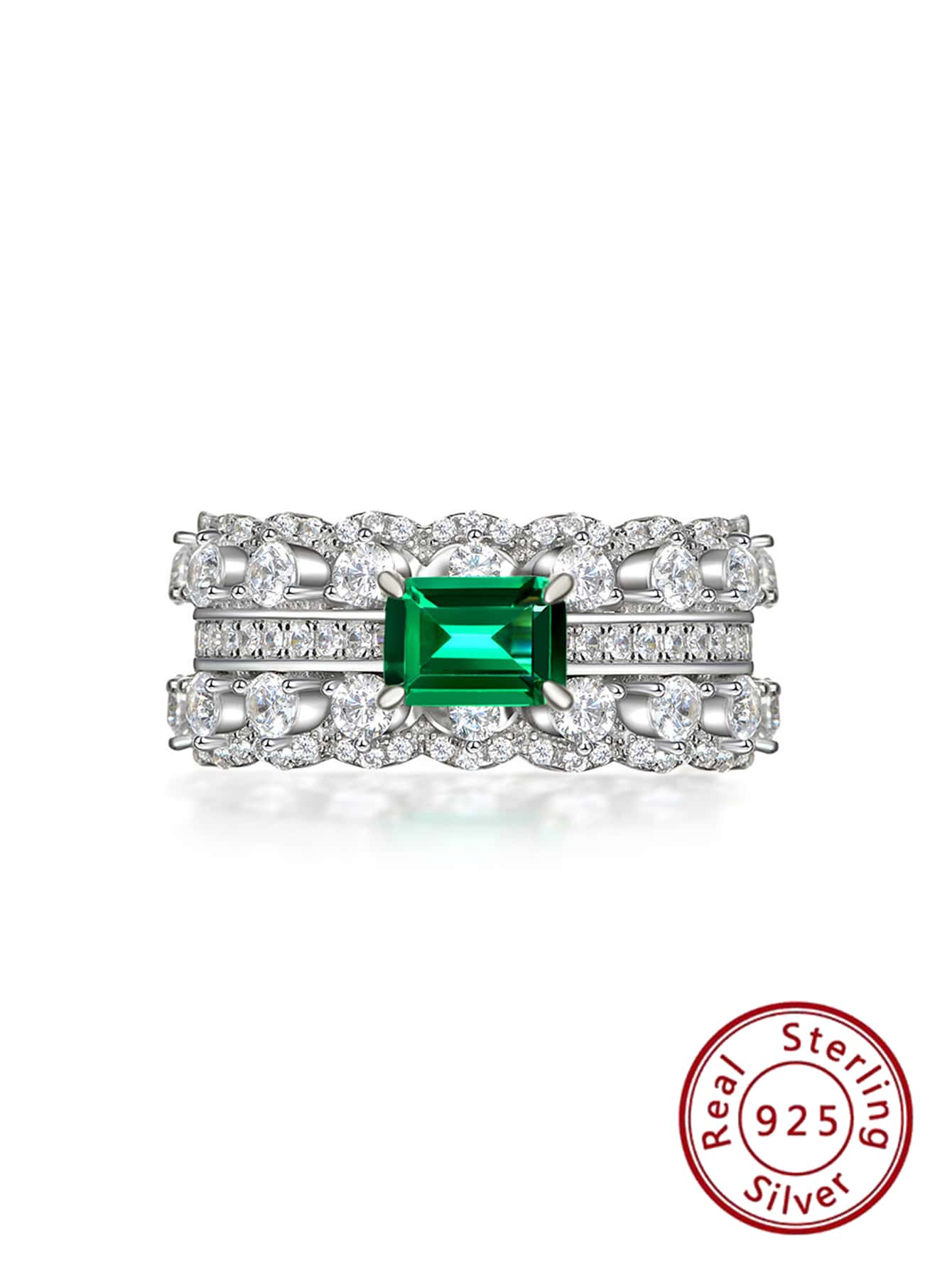 1 Miếng 1CT Hai lớp Giường đôi Zirconia Bạc nguyên chất Nhẫn Với Sang trọng Châu Âu và Châu Mỹ Thiết kế - Bạc - Xem 1