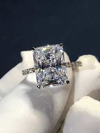 1 st. stor rektangulär stenring för kvinnor i silverfärg med vit kubisk zirkonia, fyrkantig vigsel-/löftes-/förlovningsring, smyckegåva