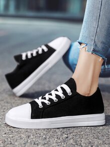 新款女性休閒運動鞋,透氣帆布鞋,閒暇平底鞋 - 黑色 - 查看 3