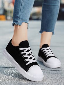 新款女性休閒運動鞋,透氣帆布鞋,閒暇平底鞋 - 黑色 - 查看 5