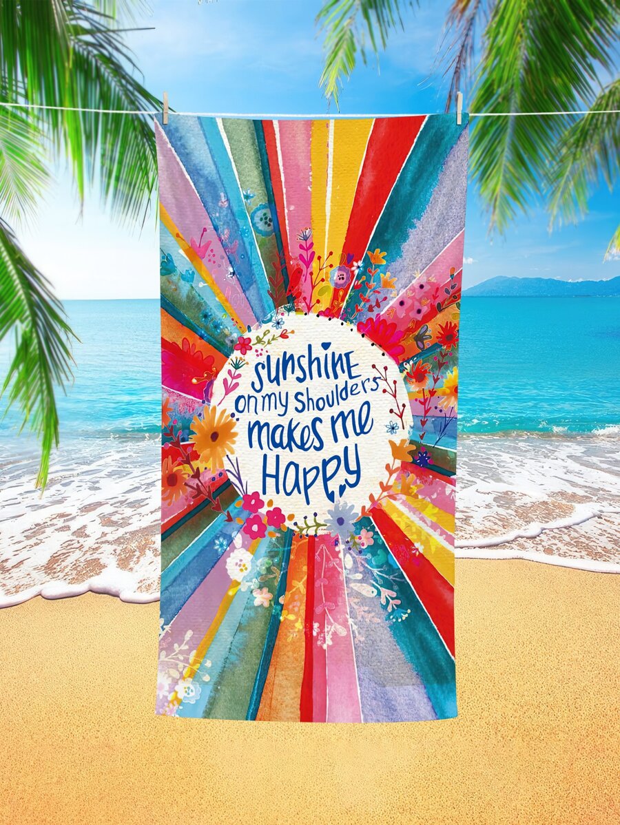 1pc Slogan Graphic Beach Towel, Multifunction Quick Drying Microfiber Swim Towel, For Pool Camping Travel - Multicolor - View 1