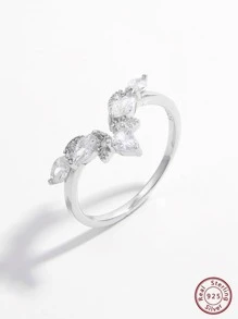 1pc Gorgeous Shiny Elegant Luxurious Vintage Fashionable S925 Sterling Silver Artificial Zirconia Leaf Shaped Deep V Design Ring For Women, Perfect For Date, Party, Banquet And Daily Wear, Show Your Charm, A Great Gift Wedding Engagement Bridal Jewelry