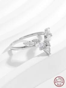 1pc Gorgeous Shiny Elegant Luxurious Vintage Fashionable S925 Sterling Silver Artificial Zirconia Leaf Shaped Deep V Design Ring For Women, Perfect For Date, Party, Banquet And Daily Wear, Show Your Charm, A Great Gift Wedding Engagement Bridal Jewelry