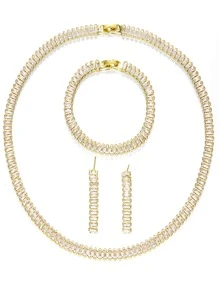 3pcs Bridal Jewelry Set With Zirconia: Necklace, Bracelet And Earrings, Fashionable - Gold - View 4