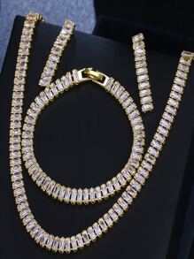 3pcs Bridal Jewelry Set With Zirconia: Necklace, Bracelet And Earrings, Fashionable - Gold - View 2