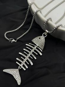 镶钻鱼骨项链 Everything Simple 个性化配饰 钛钢长款吊坠毛衣链 - 銀色 - 查看 2