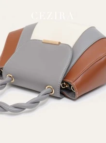 CEZIRA 彩塊pu皮革扭結手柄拉鍊門蓋上手提斜揹手袋,女性時尚優雅風格 - 彩色 - 查看 5