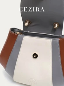 CEZIRA 彩塊pu皮革扭結手柄拉鍊門蓋上手提斜揹手袋,女性時尚優雅風格 - 彩色 - 查看 6