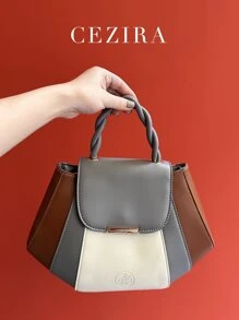 CEZIRA 彩塊pu皮革扭結手柄拉鍊門蓋上手提斜揹手袋,女性時尚優雅風格 - 彩色 - 查看 4