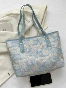 Fashionable High-Capacity Pleated Tie-Dyed Splicing Floral Pattern Shoulder Tote Bag - Multicolor - View 4