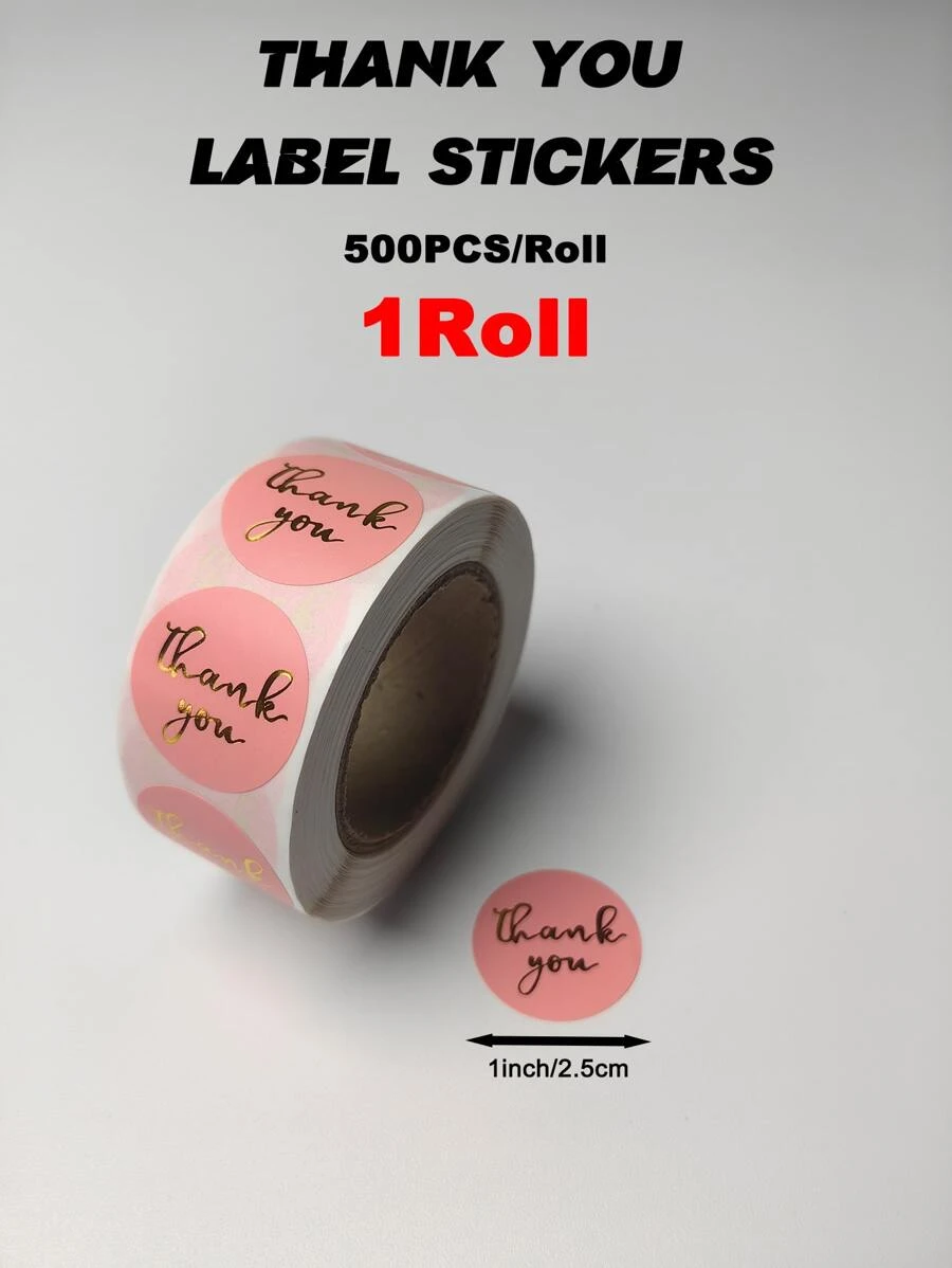 1Roll Thank You Label Stickers 2.5cm/1inch Stickers 500PCS/Roll Round Labels For Baking Packaging Envelope Seals Business Label Waterproof - Coral Pink - View 1