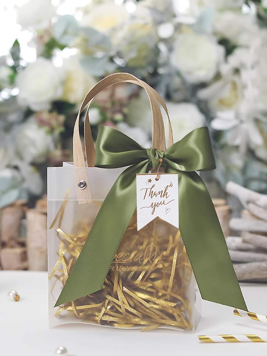 1/5/10pcs Premium Frosted Gift Bag, Thickened Hand-Held Bag, Including Satin Ribbon And 'Thank You' Tag, Lavender Design Valentine Day - Green - View 1