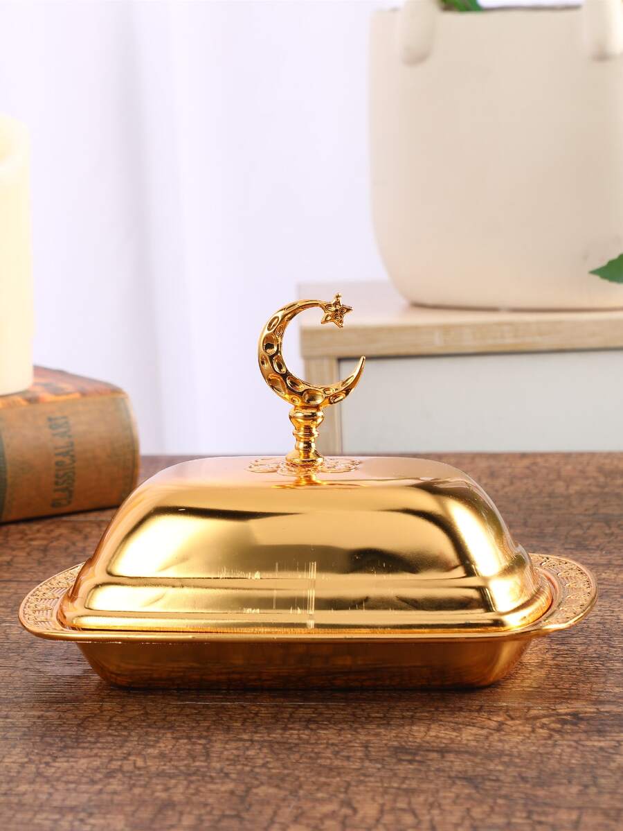 1pc Gold-colored European Style Covered Iron Butter Dish With Star & Moon Design Handle For Restaurant Food And Sauce Serving - Gold - View 1