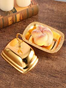 1pc Gold-colored European Style Covered Iron Butter Dish With Star & Moon Design Handle For Restaurant Food And Sauce Serving - Gold - View 3