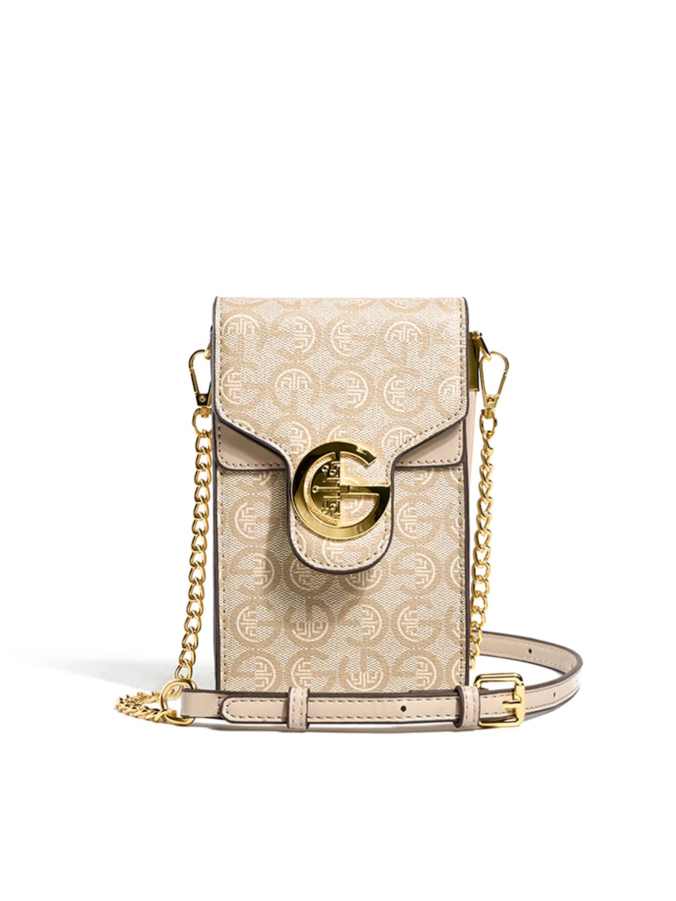 Women's Mini Vintage Letter Print Cell Phone Purse Chain Crossbody Bag - Khaki - View 1