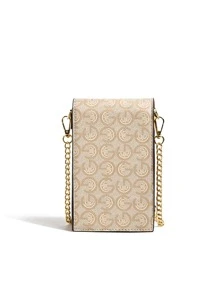 Women's Mini Vintage Letter Print Cell Phone Purse Chain Crossbody Bag - Khaki - View 4