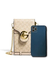 Women's Mini Vintage Letter Print Cell Phone Purse Chain Crossbody Bag - Khaki - View 5