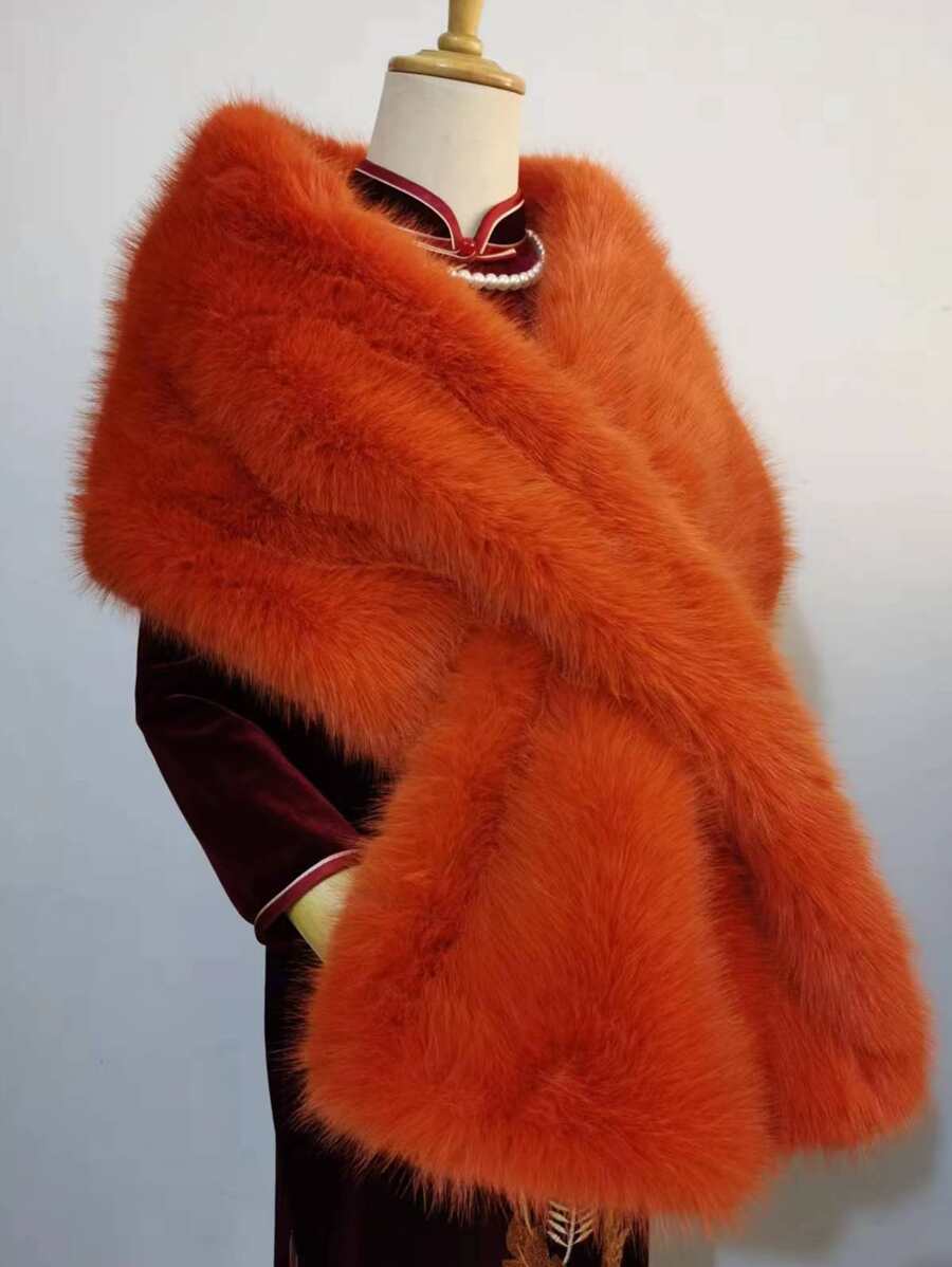 1 件仿狐狸毛婚礼披肩、晚礼服披肩、派对披肩、女士围巾，适合秋季女士服装 - 亮橙色 - 查看 1