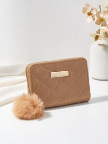 缝制短款钱包，带绒球装饰，时尚卡夹，便携，钱，现金，白领人士，适合女大学生，工作，商务，通勤，办公室，周年纪念，情侣，生日礼物，情人节礼物，礼物 - 卡其色 - 查看 2