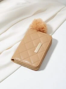缝制短款钱包，带绒球装饰，时尚卡夹，便携，钱，现金，白领人士，适合女大学生，工作，商务，通勤，办公室，周年纪念，情侣，生日礼物，情人节礼物，礼物 - 卡其色 - 查看 4