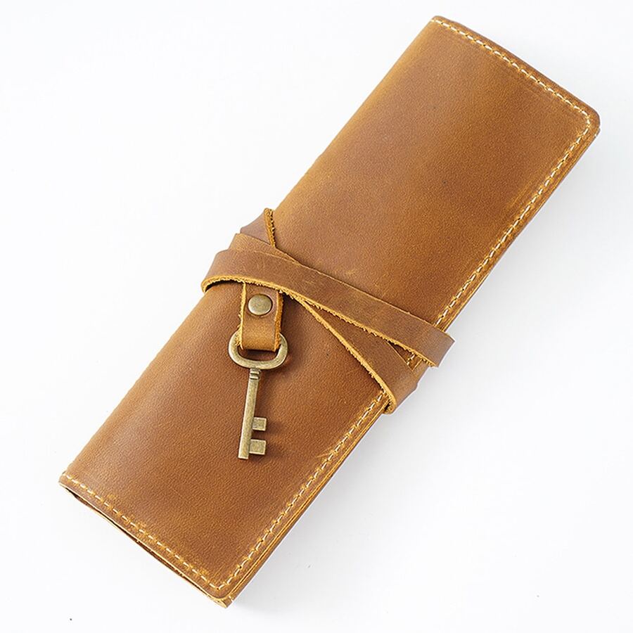 Estuche De Lápices De Cuero De Vaca Retro, Porta Herramientas De Almacenamiento De Papelería - Marrón - Ver 1