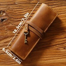 Estuche De Lápices De Cuero De Vaca Retro, Porta Herramientas De Almacenamiento De Papelería - Marrón - Ver 2
