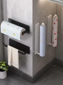 1pc Wall Mounted Kitchen Paper Holder, Cabinet Hanging Roll Rack, Cling Film And Dish Towel Organizer Without Drilling - White - View 2