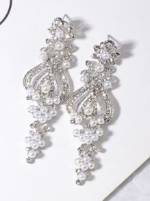 1 Pair Long Wedding Earrings For Bride Bridesmaids Silver Rhinestone Crystal Simulated Faux Pearl Statement Earrings Big Fashion Decor Floral Dangle Drop Earrings For Women Girls Bridal Party Prom Pageant Costume Jewelry