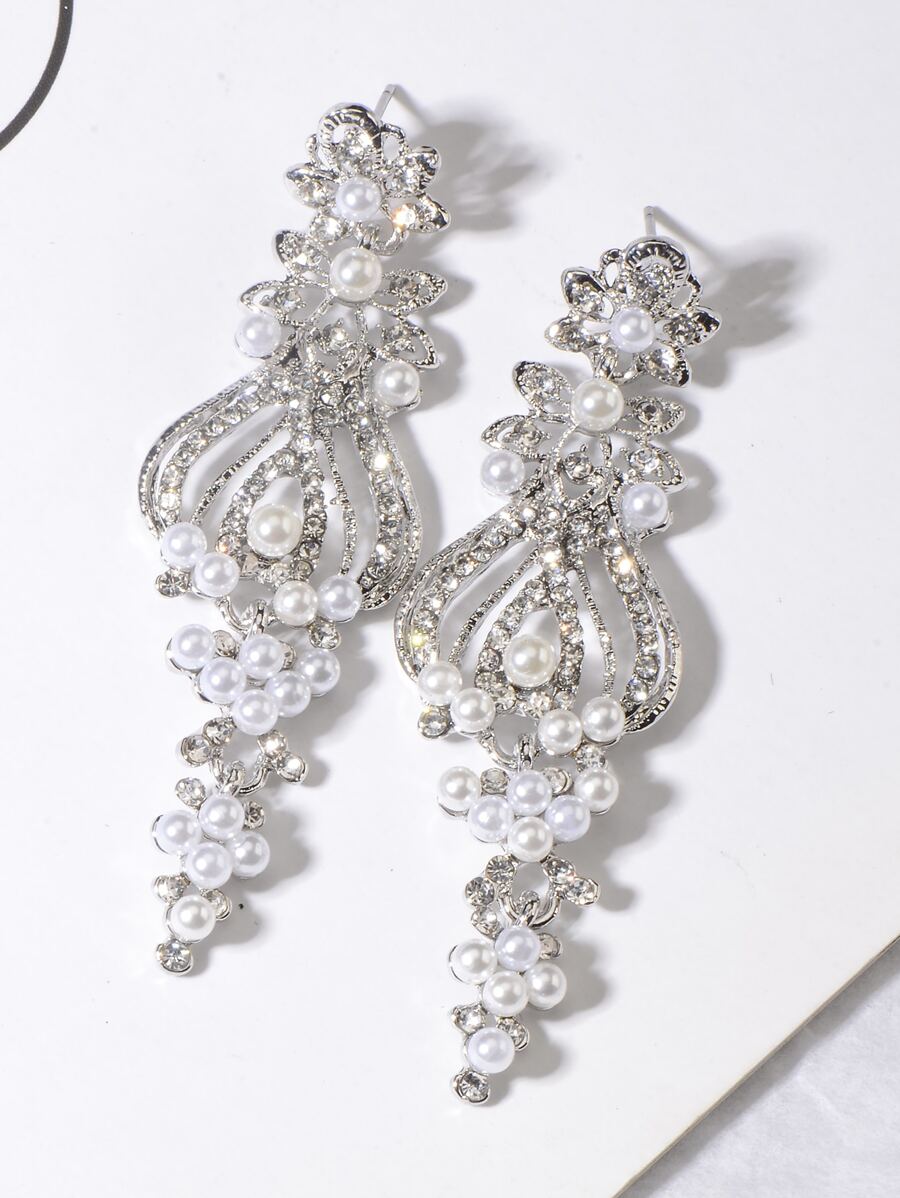 1 Pair Long Wedding Earrings For Bride Bridesmaids Silver Rhinestone Crystal Simulated Faux Pearl Statement Earrings Big Fashion Decor Floral Dangle Drop Earrings For Women Girls Bridal Party Prom Pageant Costume Jewelry