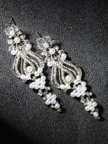 1 Pair Long Wedding Earrings For Bride Bridesmaids Silver Rhinestone Crystal Simulated Faux Pearl Statement Earrings Big Fashion Decor Floral Dangle Drop Earrings For Women Girls Bridal Party Prom Pageant Costume Jewelry